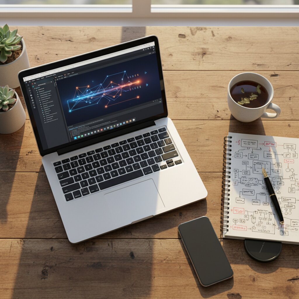 A workspace: laptop with code on screen, notebook with handwritten diagrams, coffee, on a wood desk.