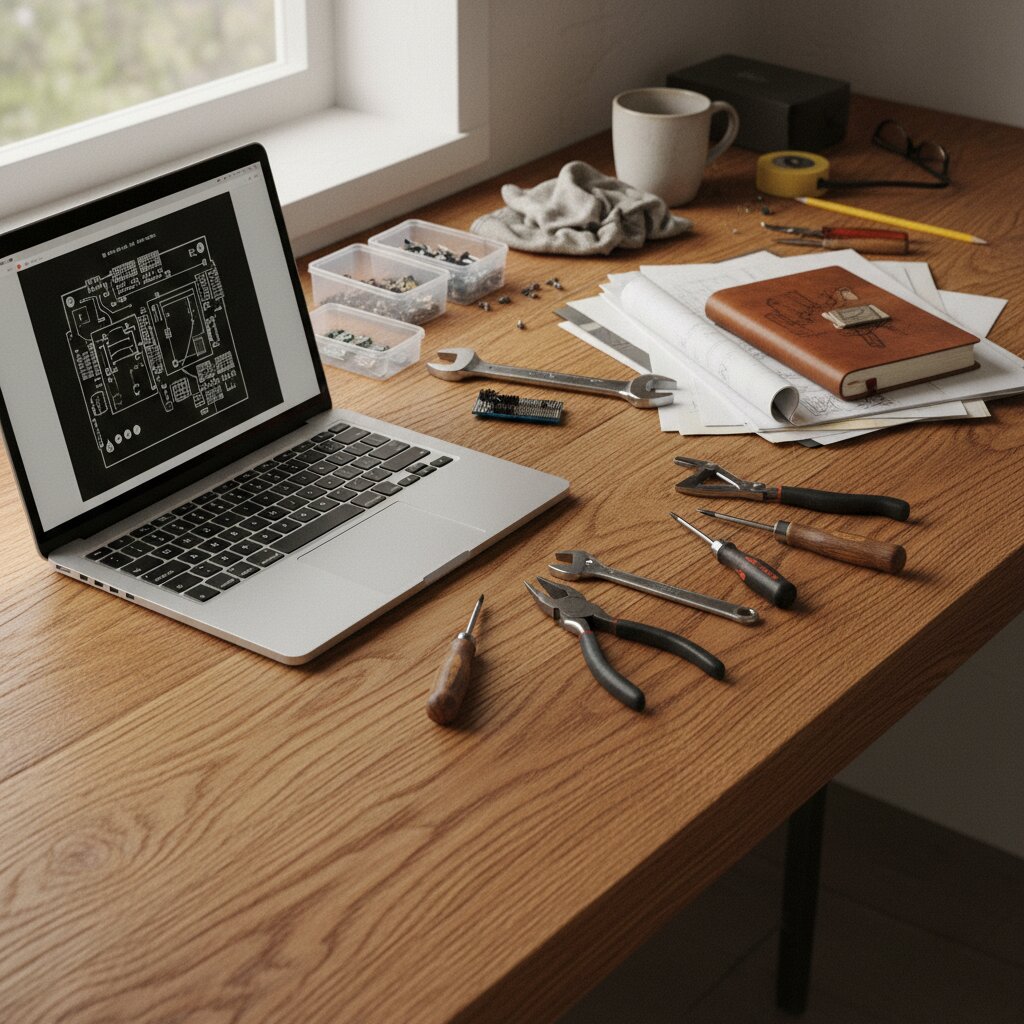 A maker's workbench with a laptop, sketchbook, papers, and small tools on a warm wood surface.