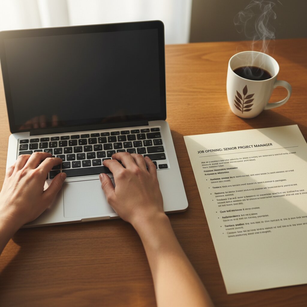 Hands typing on a laptop with a printed job posting and coffee on the desk beside it.