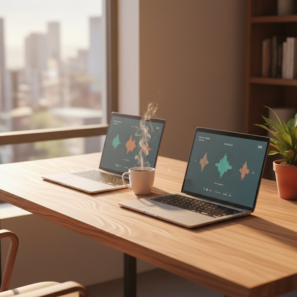 A modern desk with two laptops, a steaming coffee mug, a small plant, and soft window light.