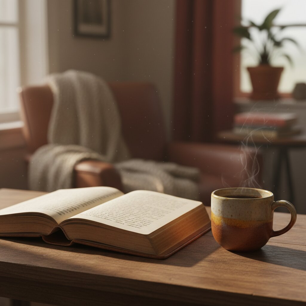 An open book and a steaming ceramic mug on a wood table, with a softly lit reading nook in the background.